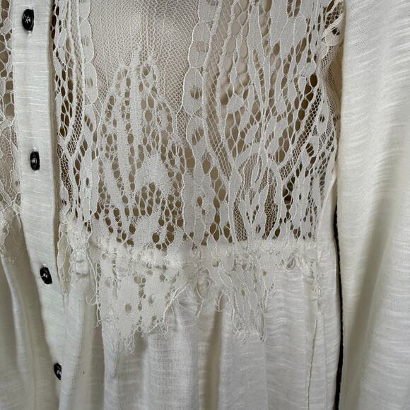 Grayson Top Medium Off-white Slub Knit Sheer Lace Trim Babydoll Long Sleeve - Picture 3 of 16